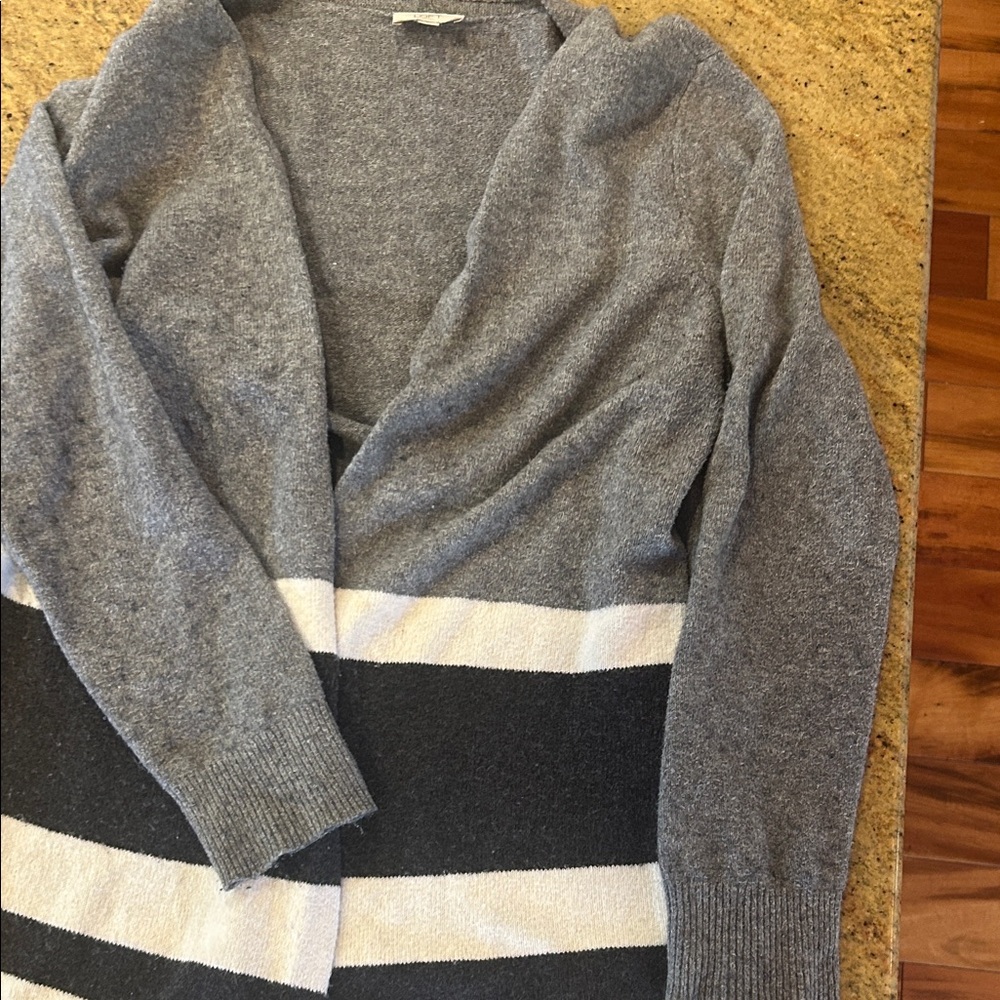 LOFT Gray and White Striped Open-Front Cardigan